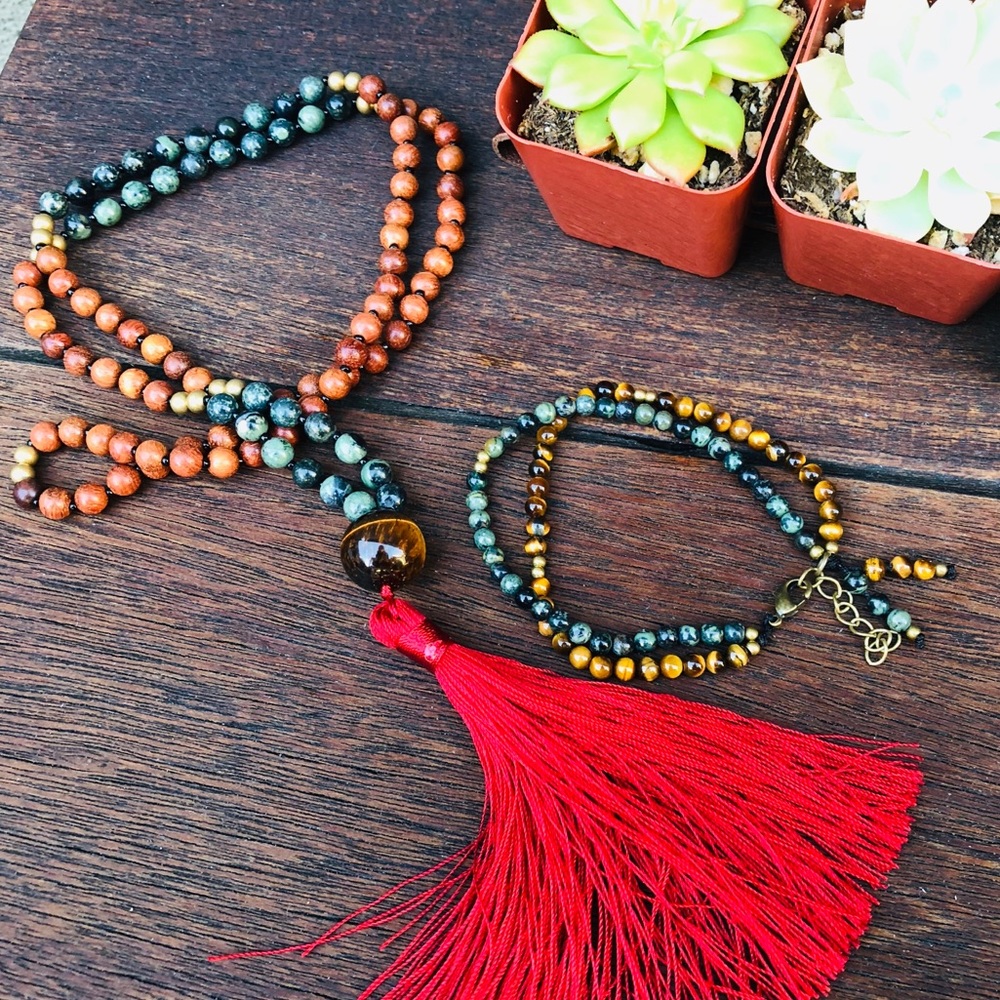 โจGREEN JASPER/ROSEWOOD/TIGER EYE MALA NECKLACE - Picture 13 of 16
